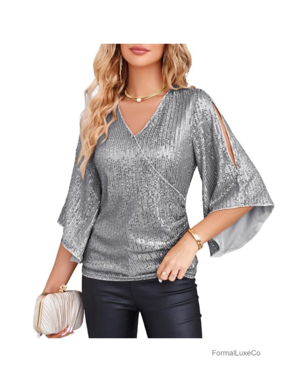 Sequin Tunic Top with V-Neck and Bell Sleeves